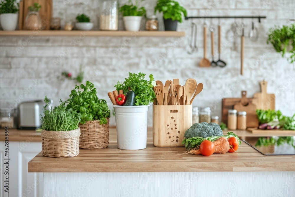 Modern kitchen with a compost bin on the countertop, surrounded by fresh vegetables, reusable produce bags, and bamboo utensils Modern kitchen with a compost bin on the countertop, surrounded by fresh vegetables, reusable produce bags, and bamboo utensils
