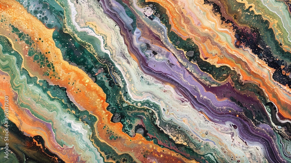 07240954 118. Exquisite painting resembling marble, with green, peach, orange, and purple colors intertwined in a complex, organic pattern, giving the artwork a rich, textured appearance 07240954 118. Exquisite painting resembling marble, with green, peach, orange, and purple colors intertwined in a complex, organic pattern, giving the artwork a rich, textured appearance