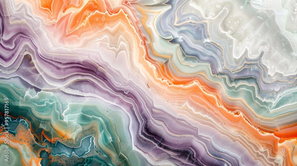Obraz premium 07240954 120. Captivating marble-textured painting with a palette of green, peach, orange, and purple, the colors blending and flowing together in intricate, wave-like patterns, creating a stunning