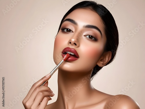 Stunning Indian Woman Applying Sheer Lip Gloss Radiant and Glamorous Makeup Portrait