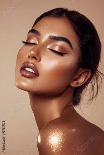 Close up Portrait of a Glamorous Sun Kissed Woman with Stunning Bronzed Glow