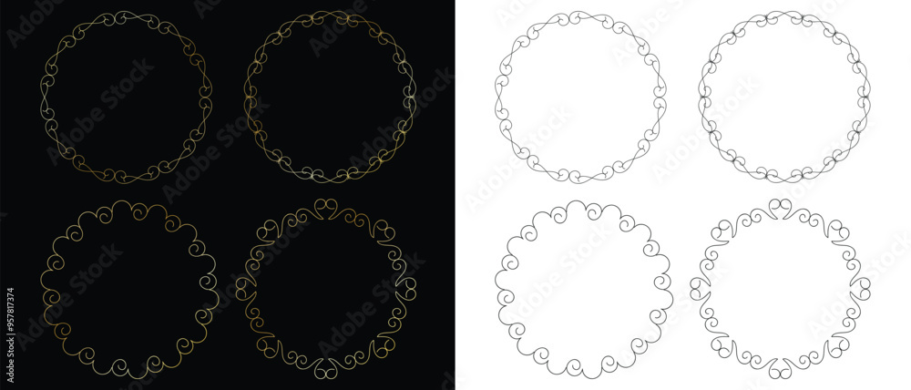 set of luxury ornament embellishment black and golden circle border art vector illustration. set of luxury ornament embellishment black and golden circle border art vector illustration.