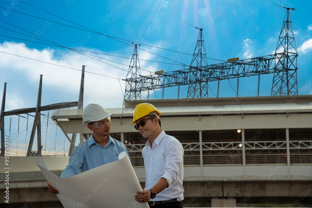 Two men engineer look at blueprint architecture building contractor design in modern city development. Males engineer holding project planing partner teamwork. Man meeting together construction site Two men engineer look at blueprint architecture building contractor design in modern city development. Males engineer holding project planing partner teamwork. Man meeting together construction site