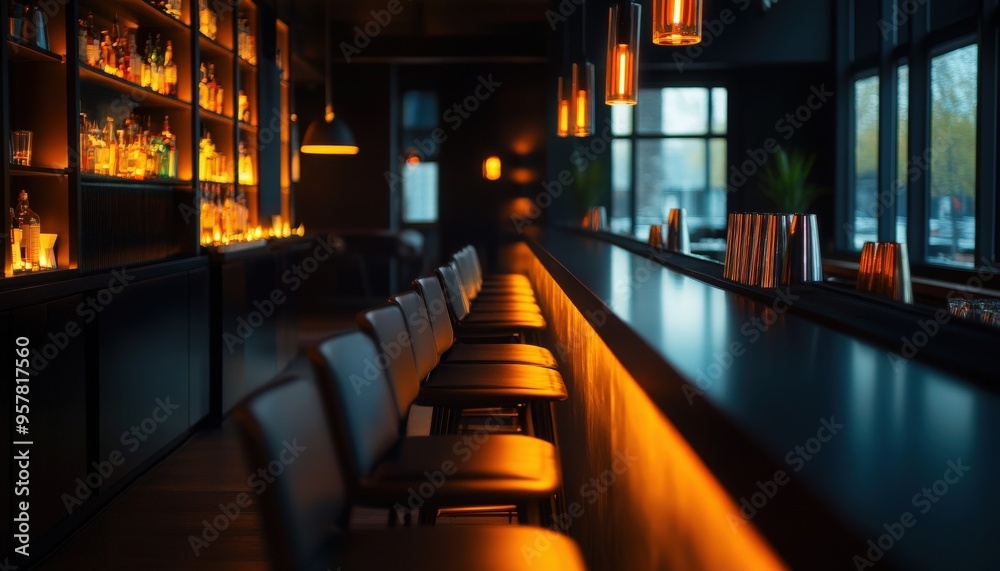 A captivating interior of a modern bar featuring elegant lighting and a sleek counter, creating a warm and inviting atmosphere. A captivating interior of a modern bar featuring elegant lighting and a sleek counter, creating a warm and inviting atmosphere.