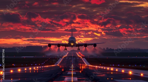 07240954 128. Airplane in mid-takeoff, with engines roaring and runway lights illuminating the scene, set against a picturesque dawn sky that captures the essence of speed and adventure