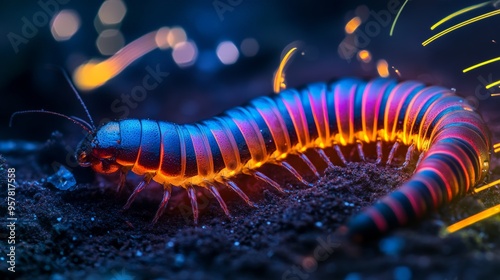 Colorful neon light effect on a millipede curling up defensively against a dark background, with flying sparks and glow effects. This is a commercial insect photography image. photo