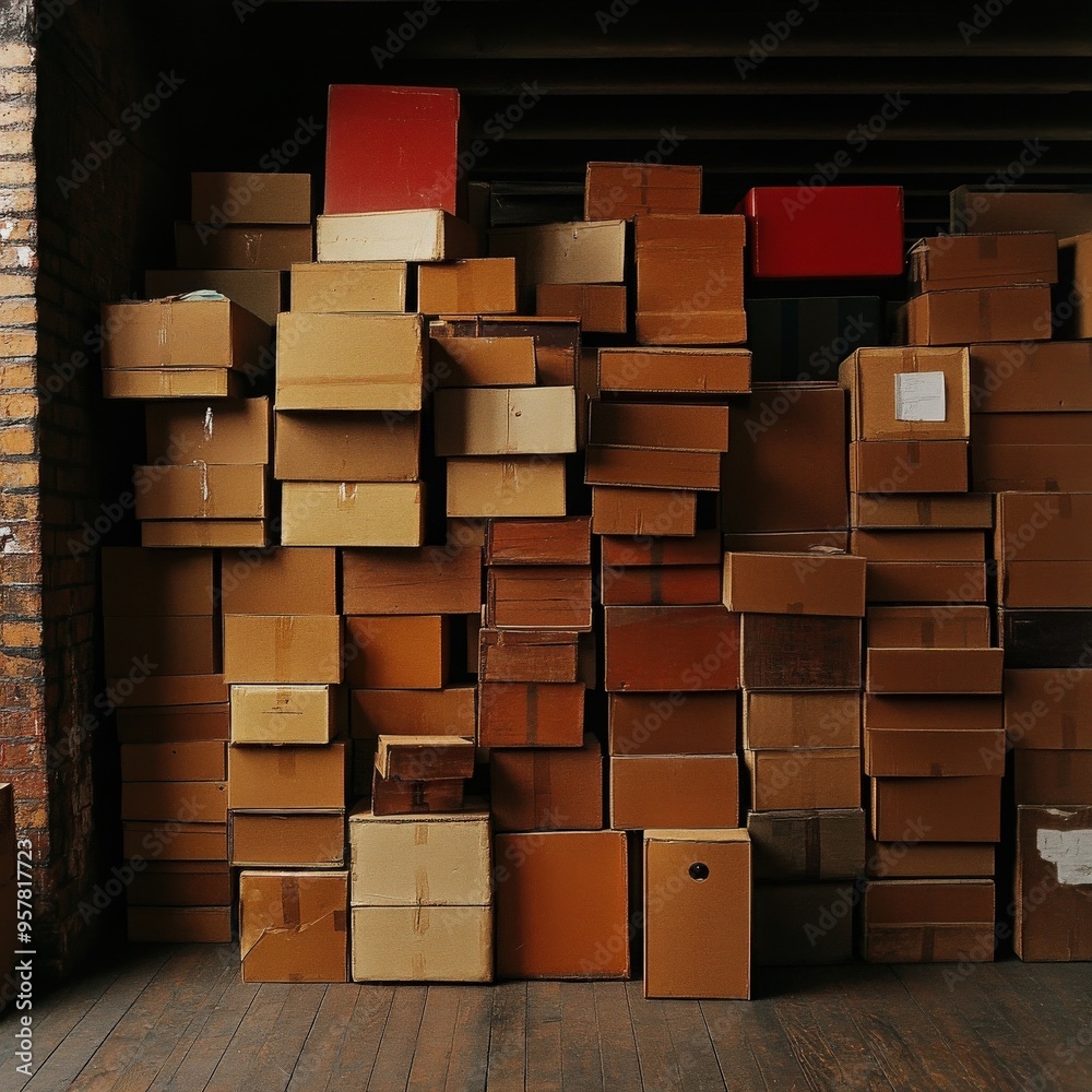 A collection of assorted cardboard boxes stacked neatly in a spacious room, showcasing various sizes and colors, perfect for storage ideas. A collection of assorted cardboard boxes stacked neatly in a spacious room, showcasing various sizes and colors, perfect for storage ideas.