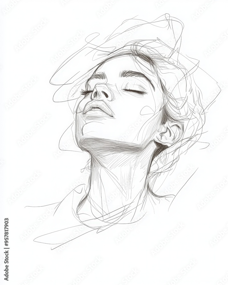 Fototapeta premium A graceful portrait sketch of a woman, showcasing elegance and serene beauty through minimalist line art.