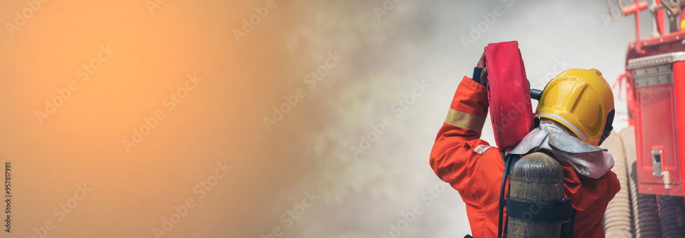 Banner Firefighter Rescue team training in fire fighting. Panorama ...