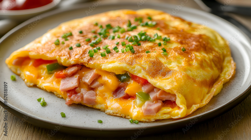 fluffy omelette filled with cheese, ham, and bell peppers, folded perfectly on a plate fluffy omelette filled with cheese, ham, and bell peppers, folded perfectly on a plate