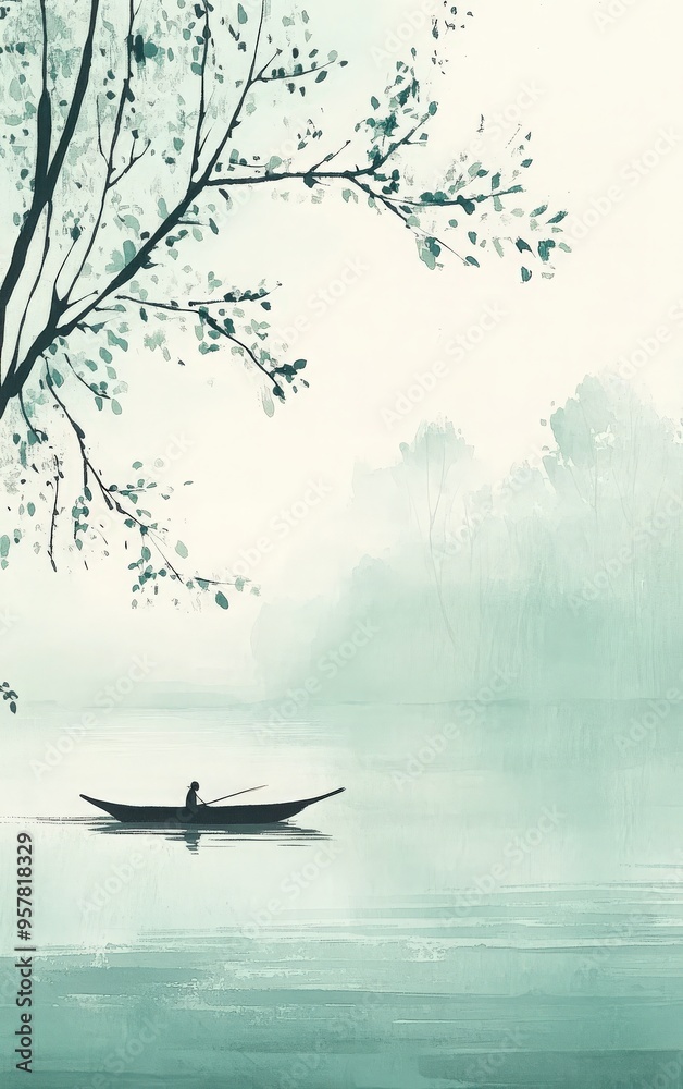 Fototapeta premium A serene boat floats on a misty river, surrounded by tranquil nature and soft hues, embodying peace and solitude.