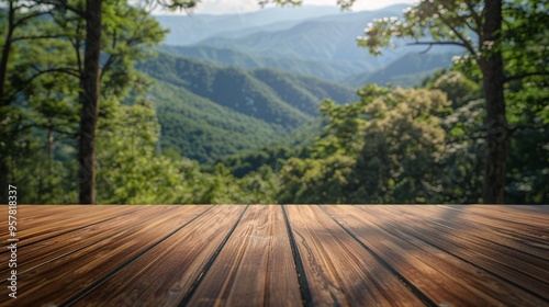 07240954 145. Pristine wooden floor surface composed of natural planks, set against an awe-inspiring scene of dense woodland and soaring mountain ranges, highlighting the connection between indoor photo