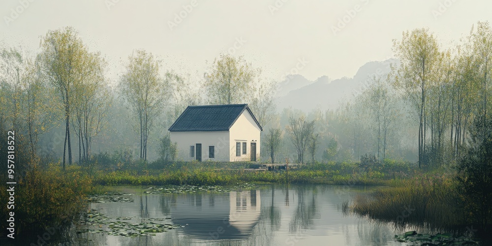 Obraz premium A serene landscape featuring a quaint house by a tranquil pond surrounded by lush trees in soft morning light.