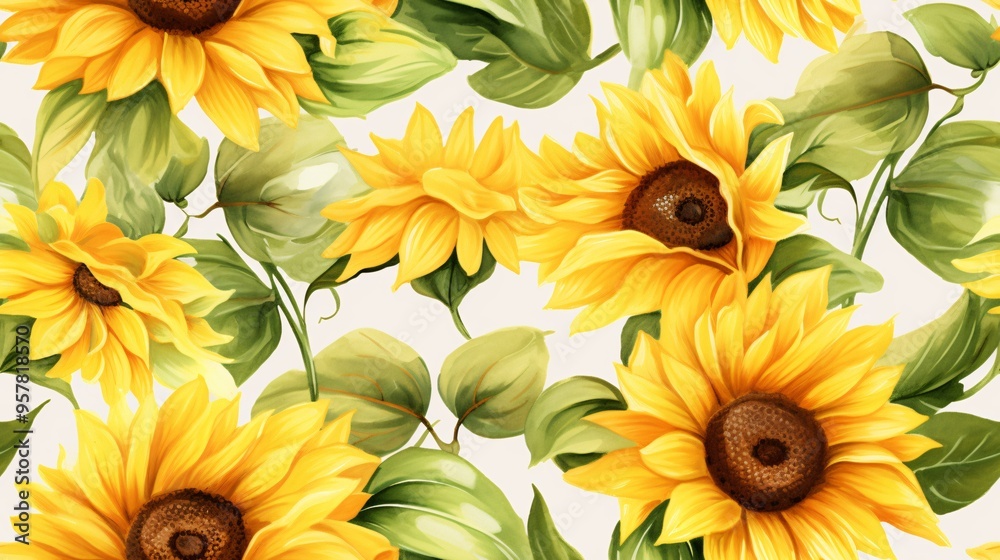 Seamless watercolor design featuring large yellow sunflowers and rich green leaves, perfect for a vintage luxury background with an elegant touch