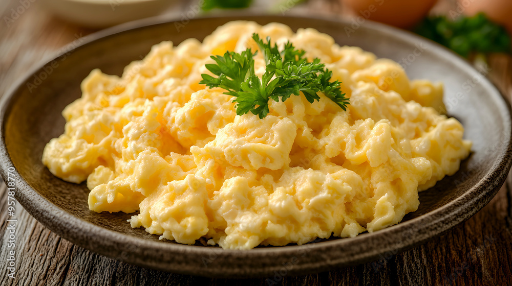 Fluffy scrambled eggs on a warm plate, garnished with a sprig of parsley Fluffy scrambled eggs on a warm plate, garnished with a sprig of parsley