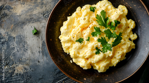 Fluffy scrambled eggs on a warm plate, garnished with a sprig of parsley photo