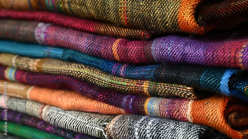 A stack of lively highly colored wool silk scarves with Inca origins A stack of lively highly colored wool silk scarves with Inca origins