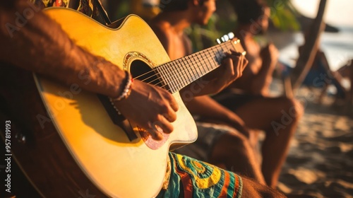 An acoustic guitarist jamming with friends in a relaxed beachside setting,