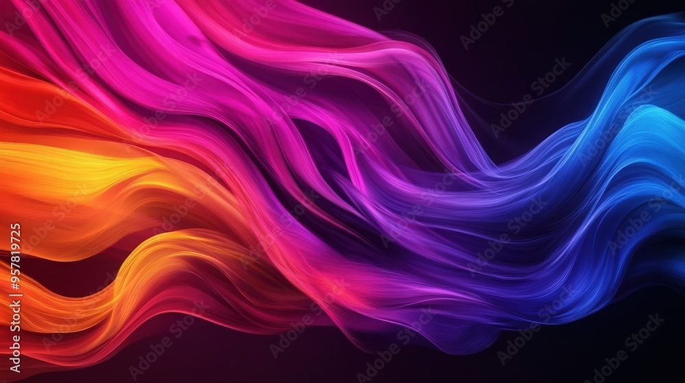 A vibrant wave of color blending smoothly, creating an abstract flow of pink, orange, and purple hues against a dark backdrop. A vibrant wave of color blending smoothly, creating an abstract flow of pink, orange, and purple hues against a dark backdrop.