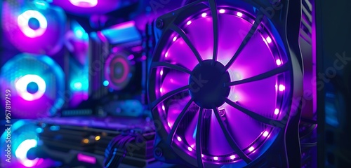 Close-up of RGB cooling fan with purple lights, modern gaming setup