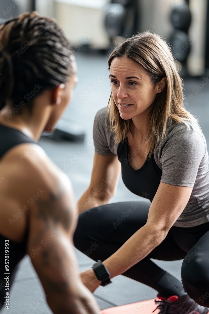 A female fitness trainer giving one-on-one personal training. She’s providing detailed feedback and support A female fitness trainer giving one-on-one personal training. She’s providing detailed feedback and support