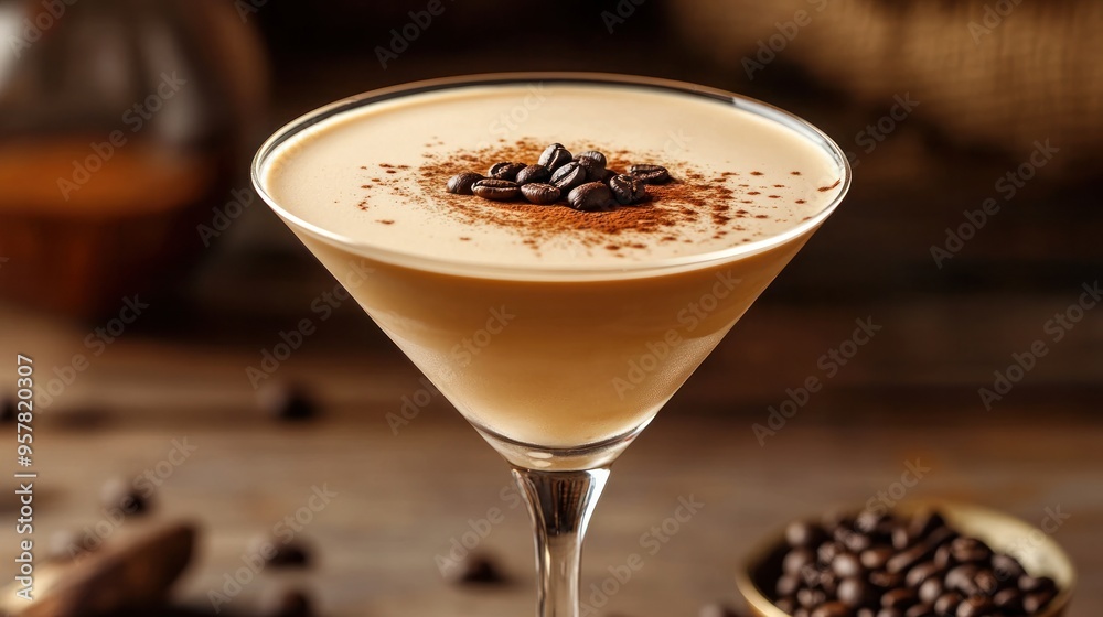 An elegant presentation of a coffee martini, with coffee beans sprinkled on top and a decorative coffee swirl --ar 16:9 An elegant presentation of a coffee martini, with coffee beans sprinkled on top and a decorative coffee swirl --ar 16:9