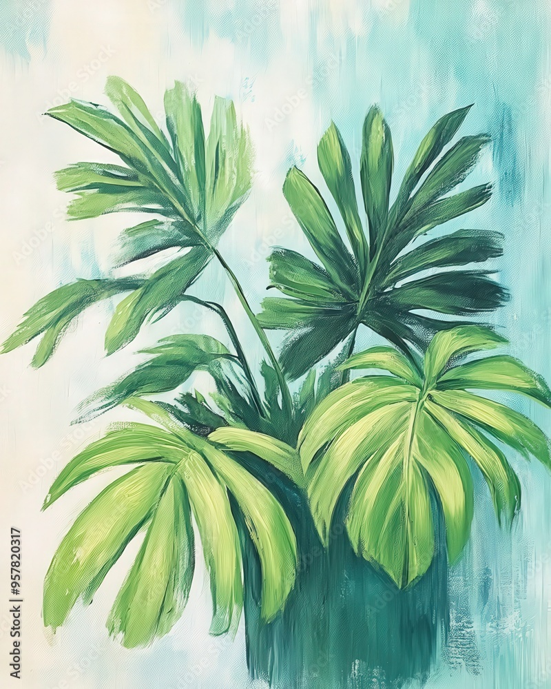 Lush green leaves with vibrant tones create a calming, tropical atmosphere in this beautiful plant painting. Lush green leaves with vibrant tones create a calming, tropical atmosphere in this beautiful plant painting.