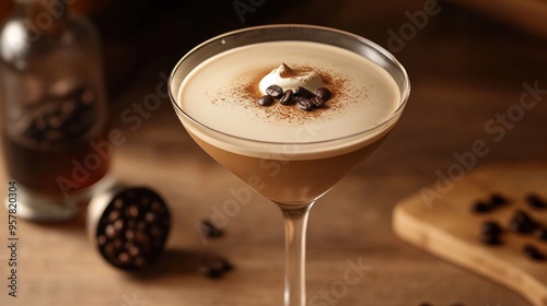 An elegant presentation of a coffee martini, with coffee beans sprinkled on top and a decorative coffee swirl --ar 16:9