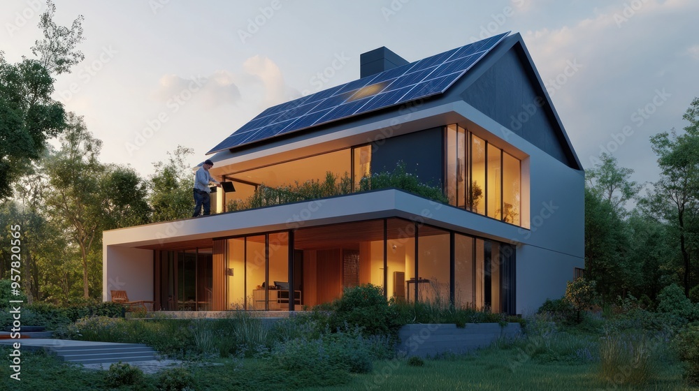 An energy-efficient home inspection, featuring a professional inspector evaluating solar panels, insulation, and energy-saving appliances in a modern eco-friendly house An energy-efficient home inspection, featuring a professional inspector evaluating solar panels, insulation, and energy-saving appliances in a modern eco-friendly house