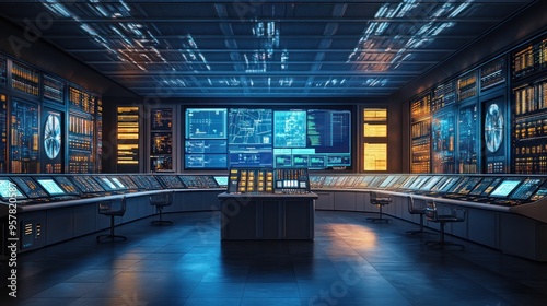 An energy control center overseeing distributed energy resource operations, screens filled with data analytics,