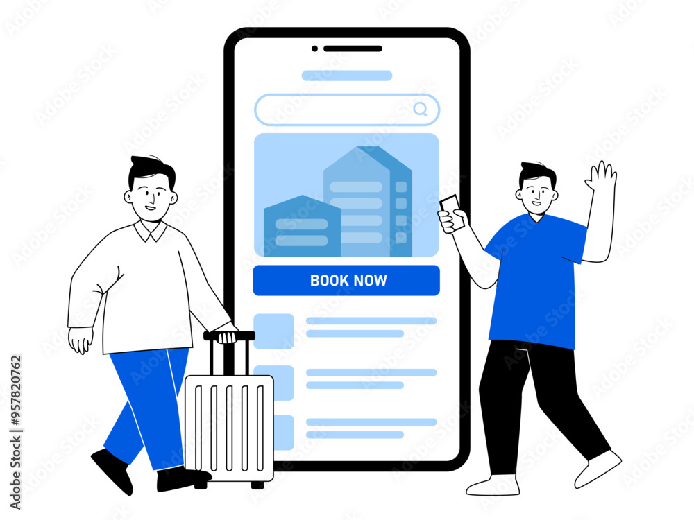 Hotel booking order room for stay during travel using smartphone large phone screen smartphone screen black white blue illustration Hotel booking order room for stay during travel using smartphone large phone screen smartphone screen black white blue illustration
