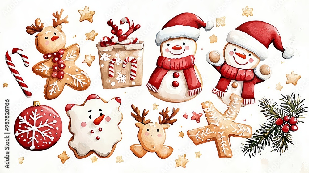 Fototapeta premium Christmas cookies, decorated with icing, festive treats, Watercolor style