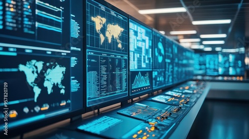 An energy control center overseeing distributed energy resource operations, screens filled with data analytics,