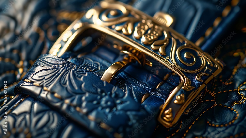 A strap made of blue leather with a golden backdrop A strap made of blue leather with a golden backdrop