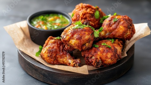 Haitian fried chicken poul fri, marinated in epis herb paste and citrus, deepfried until golden brown, served with pikliz photo