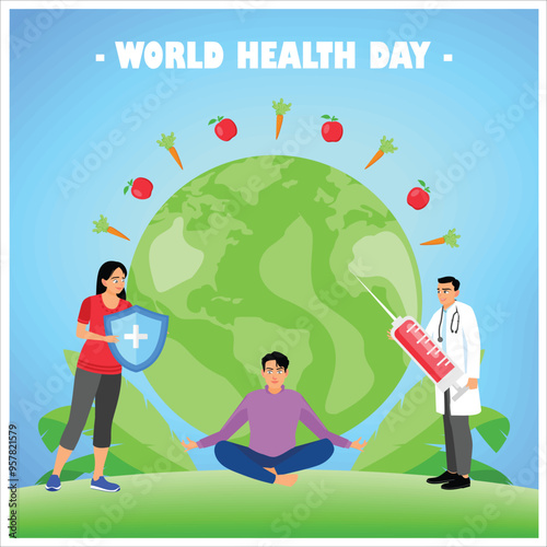 A group of people living a healthy lifestyle with health insurance. Maintain life balance. World Health Day concept. Flat vector illustration.