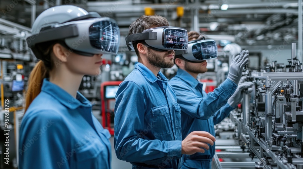 Augmented reality in manufacturing, workers using AR glasses to visualize complex assembly tasks, emphasis on innovation and efficiency in a high-tech factory