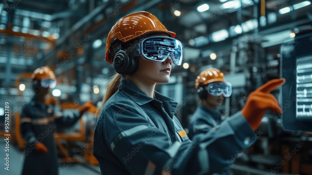 Augmented reality in manufacturing, workers using AR glasses to visualize complex assembly tasks, emphasis on innovation and efficiency in a high-tech factory Augmented reality in manufacturing, workers using AR glasses to visualize complex assembly tasks, emphasis on innovation and efficiency in a high-tech factory