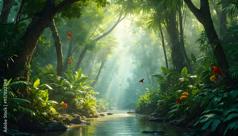 Fototapeta premium Sunlight Streaming Through Lush Tropical Jungle and Calm River