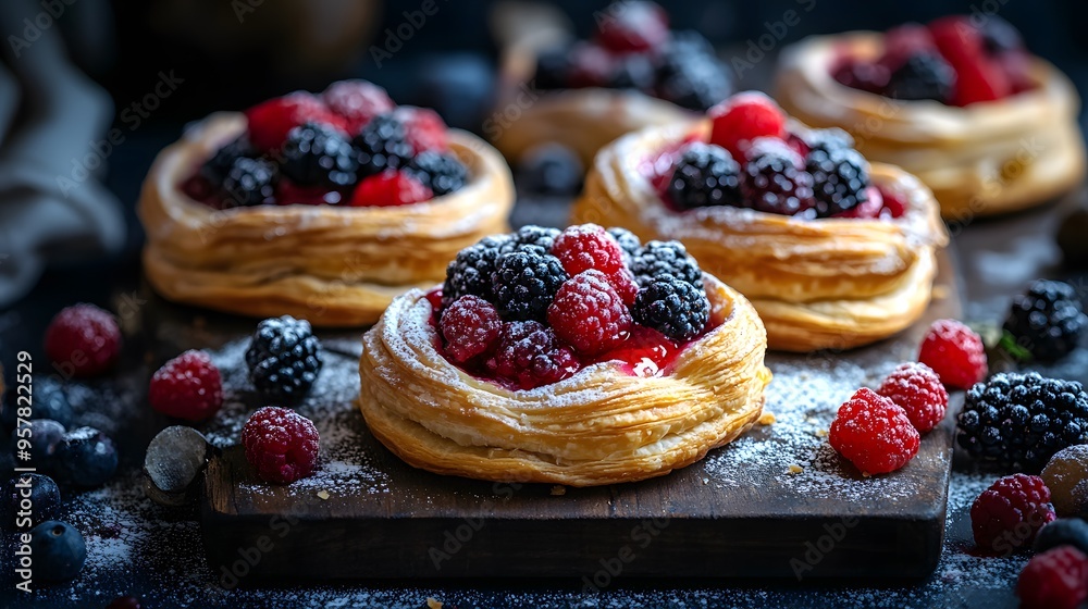 Homemade French puff pastries filled with berries on wooden table. Homemade French puff pastries filled with berries on wooden table.