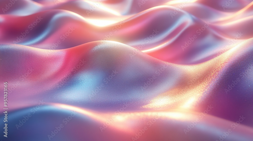Obraz premium 3D render of a wavy liquid background in ultraviolet holographic foil with a petrol surface. Features pink, blue, and yellow iridescent textures, macro ripples, and a trendy pastel rainbow design.