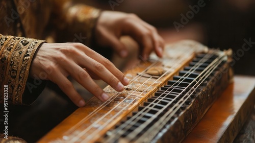 A close-up of a person's hands delicately playing various music instruments, each one finely detailed,