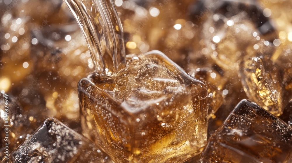 A close-up of iced coffee cubes, with coffee being poured over them, creating a swirl effect A close-up of iced coffee cubes, with coffee being poured over them, creating a swirl effect