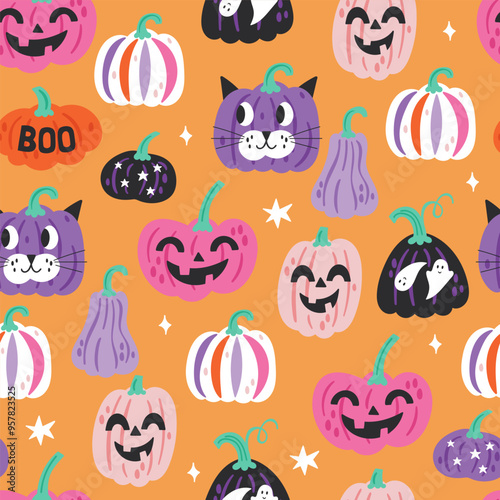 Seamless pattern background for Halloween holiday with cute elements. Childish print for cards, wrapping paper and textile. Vector illustration