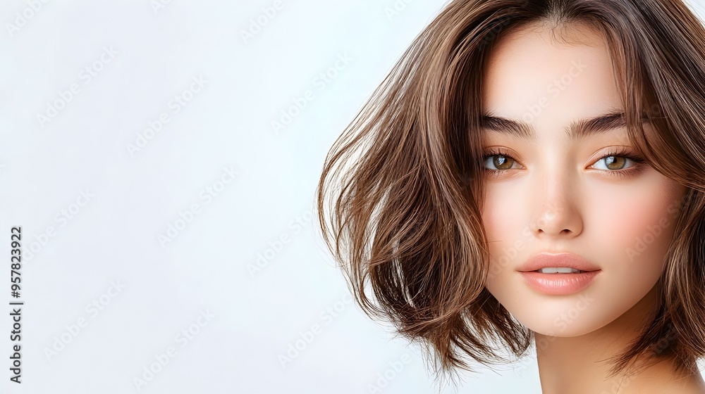 Fototapeta premium Captivating Asian Woman with Fashionable Balayage Highlights Styled in Contemporary Pose