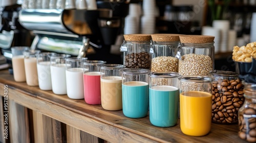 A colorful coffee bar setup with various alternative milk options almond, oat, soy, coconut displayed beside coffee cups