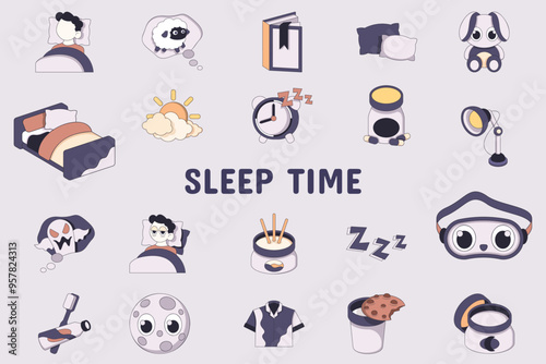Sleep Time Lineal Color Vector Illustration Icon Sticker Set Design Materials