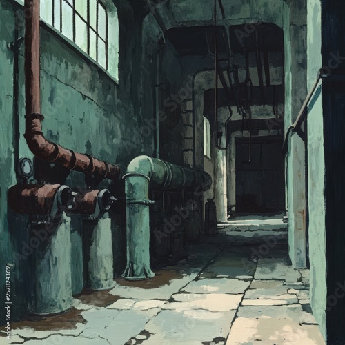 An industrial corridor featuring rusted pipes and a worn floor, evoking a sense of decay and abandonment in an urban setting.