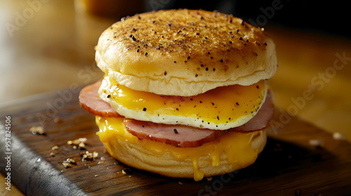 gourmet Egg McMuffin, made with a farm-fresh egg, sharp cheddar, and smoked ham photo