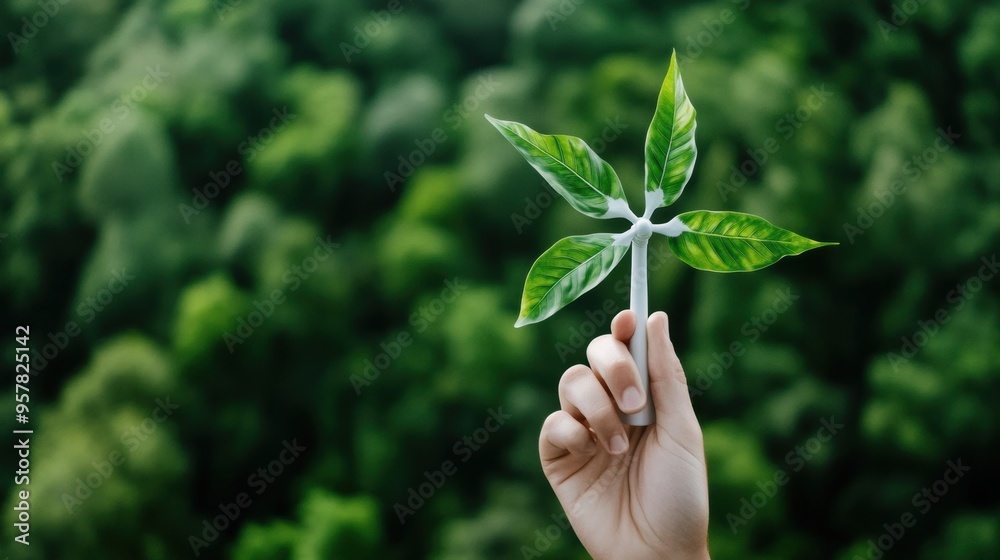 A hand holding a vibrant green plant symbolizing growth and environmental awareness against a lush forest backdrop.